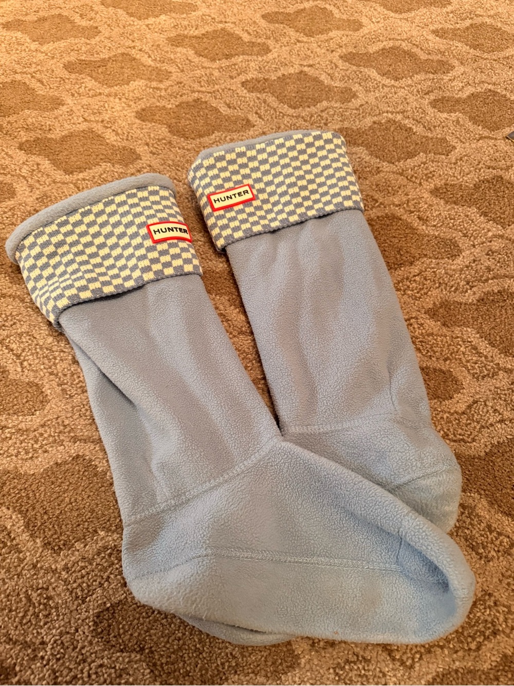 Hunter Light Blue Fleece Boot Socks with Checkered Cuff-Size Large